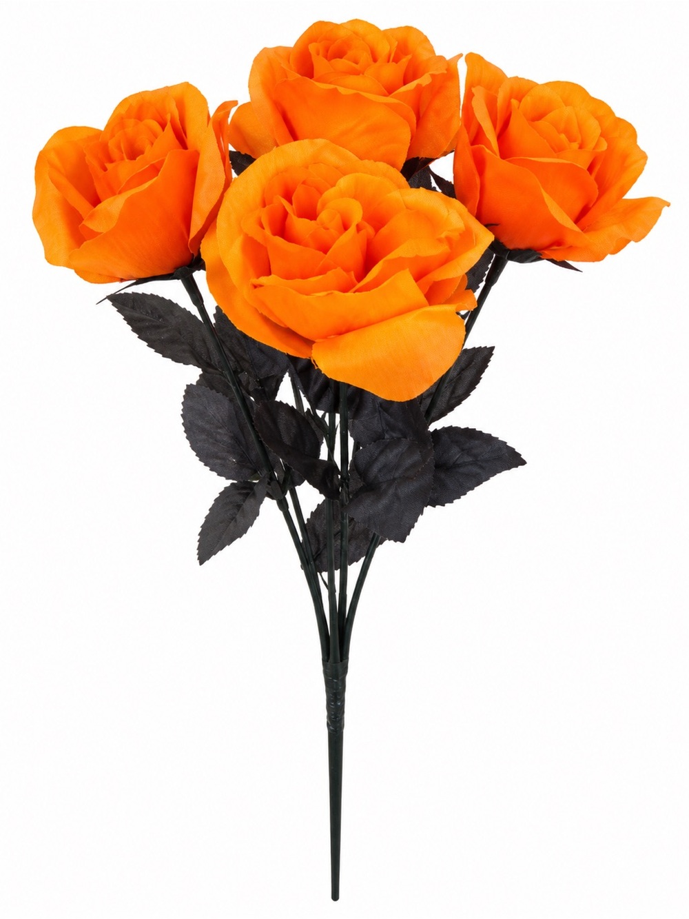 13” Orange Artificial Rose Bouquet with Black Leaves Halloween Faux Flowers